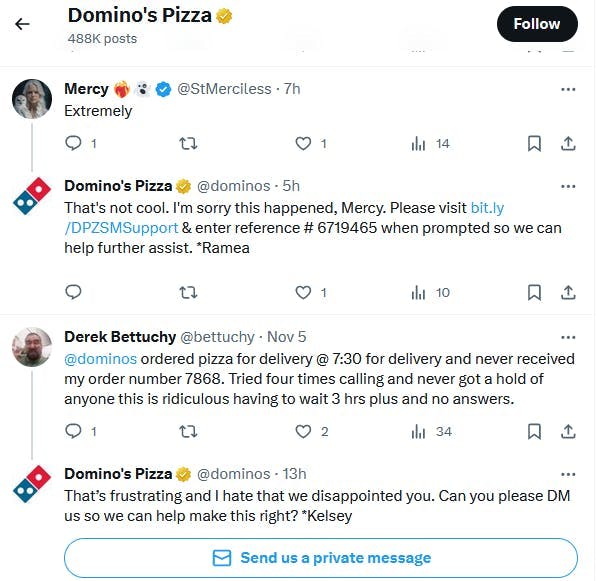 Dominos Pizza Customer Service Example on Twitter
