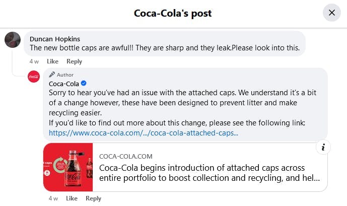 Coca Cola social media customer service example